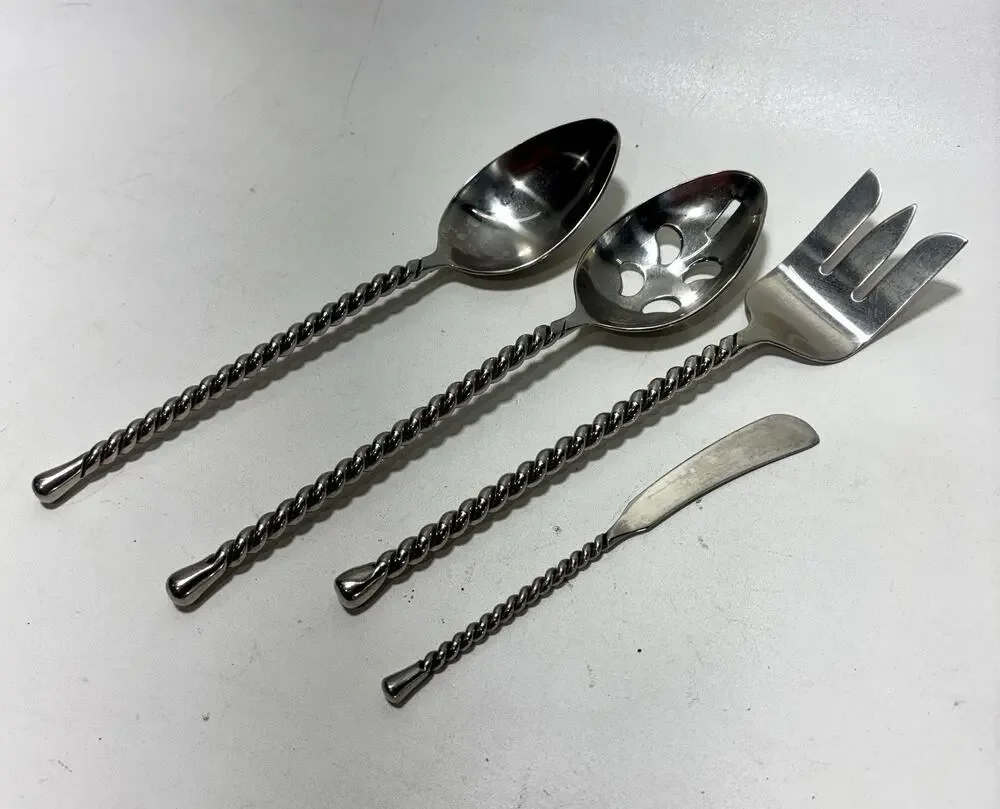 Twisted Handle 10” Stainless Steel Serving Set Spoon Fork Slotted Barware